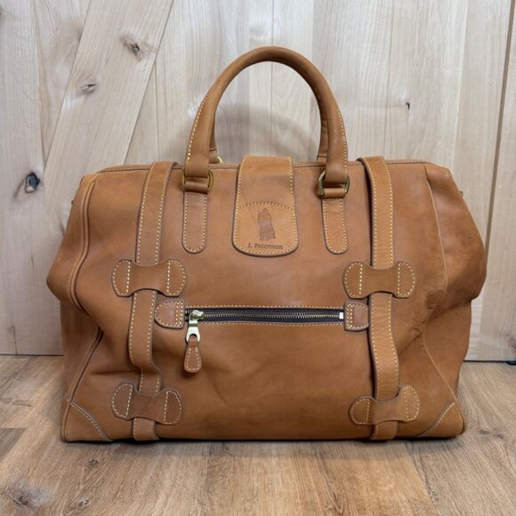 J. Peterman Co Mens Leather Bag Gladstone Travel Weekender Tan Removable Strap - Picture 2 of 11